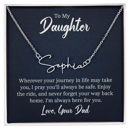 Customizable signature name necklace for daughter from dad, featuring polished stainless steel or 18K gold finish on adjustable chain, personalized up to 10 characters.