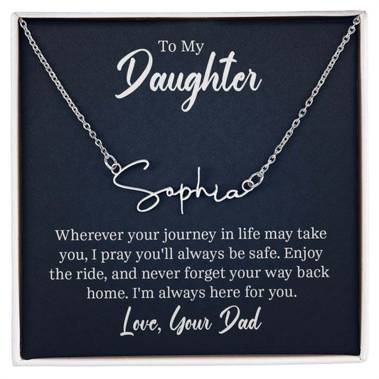 Customizable signature name necklace for daughter from dad, featuring polished stainless steel or 18K gold finish on adjustable chain, personalized up to 10 characters.