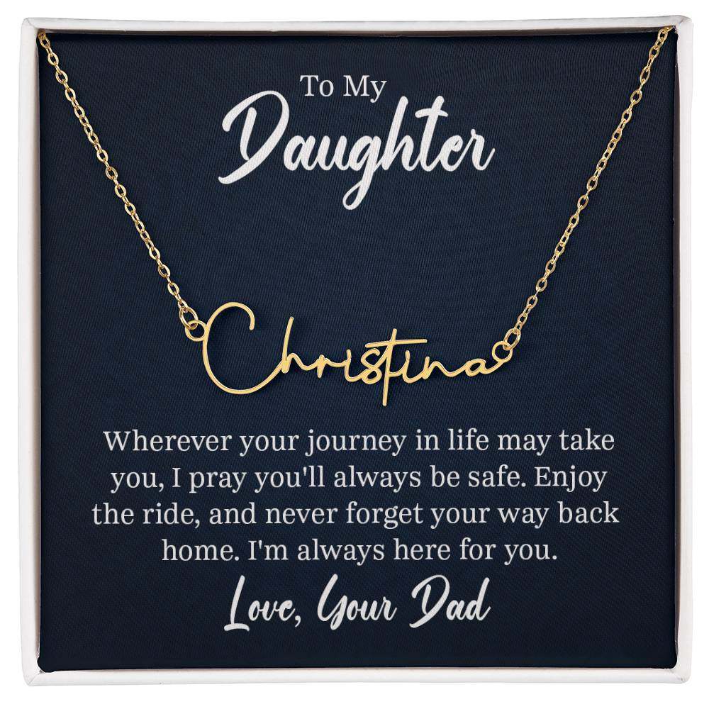 Personalized name necklace for daughter from dad, contemporary font, 18K gold finish, adjustable chain, packaged for gifting.