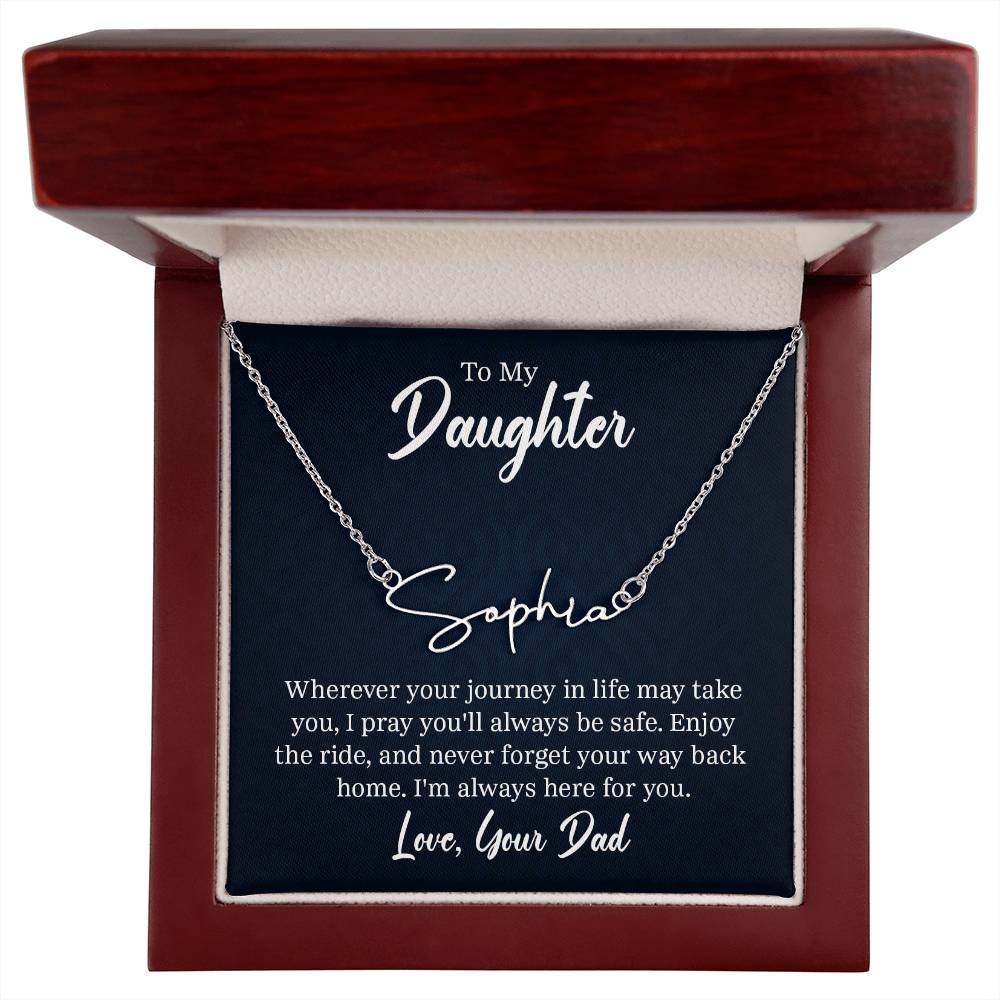 Signature Name Necklace for Daughter from Dad in gift box with message.