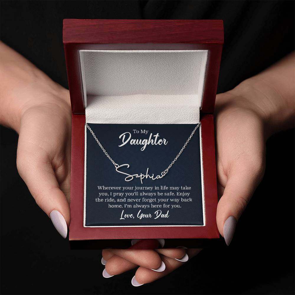 Personalized name necklace with a heartfelt message, displayed in a luxury box.