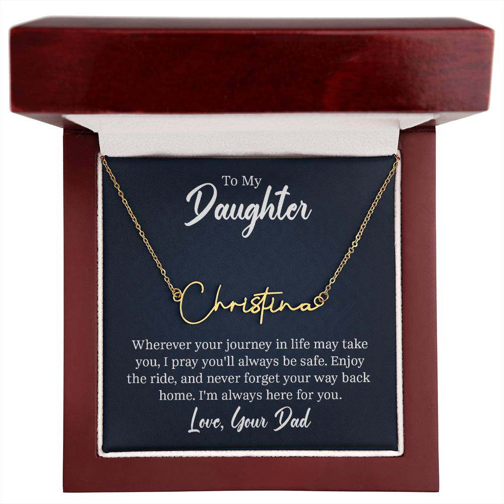 Signature Name Necklace for Daughter from Dad in gift box with personalized message and gold finish.