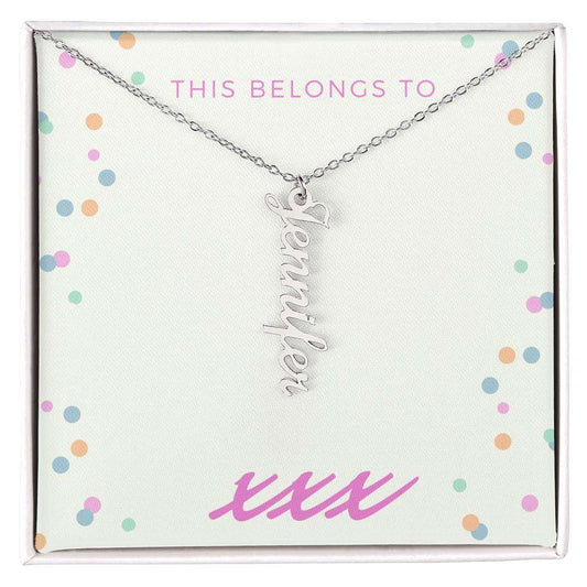 Vertical personalized name necklace with "Jennifer" in cursive on adjustable chain, displayed on decorative card.