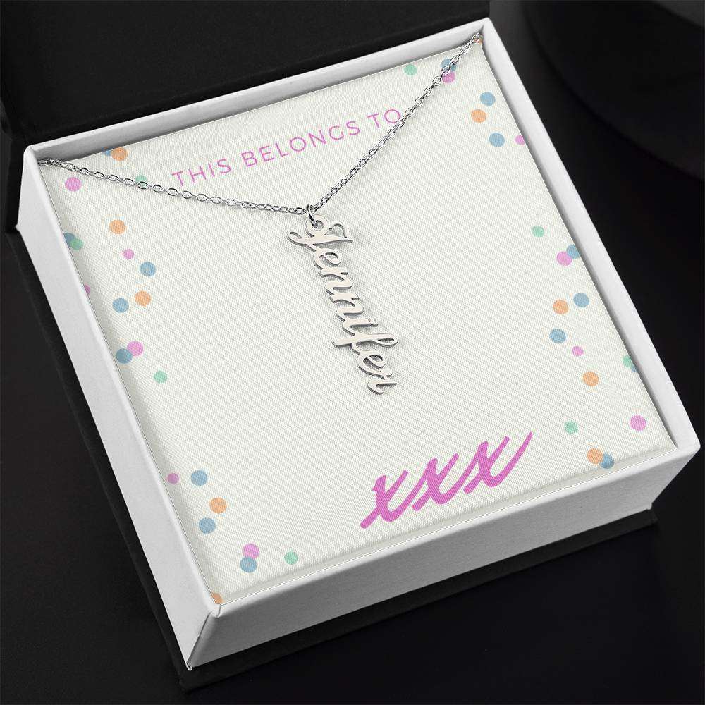 Vertical personalized name necklace in a gift box, customizable cursive design on adjustable cable chain.