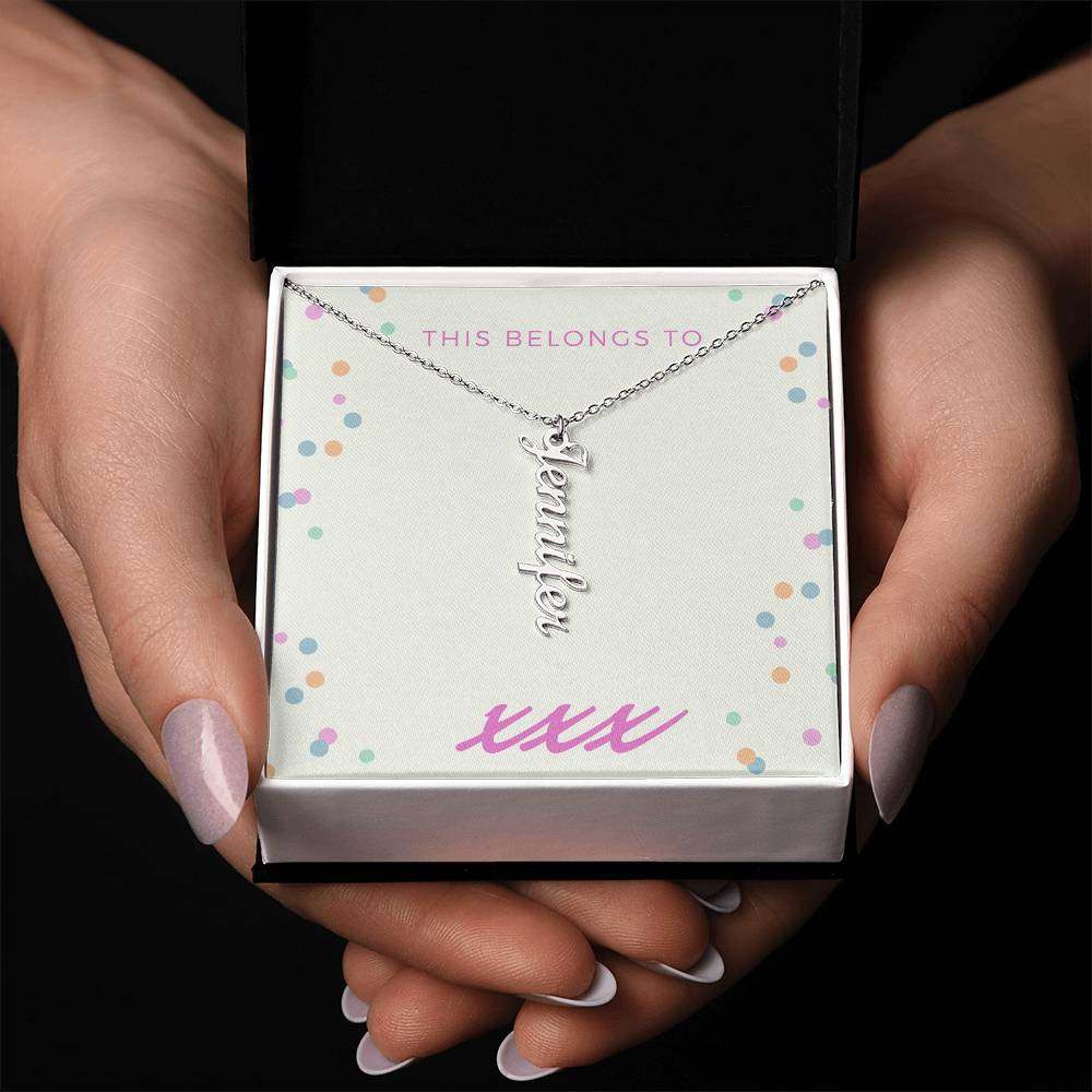 Vertical personalized name necklace, cursive design, adjustable chain, gift packaging.