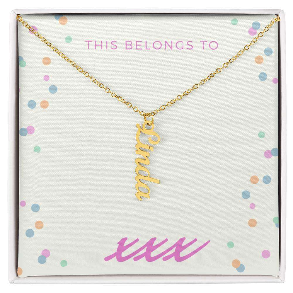 Vertical personalized name necklace in a gift box with cursive design and gold chain.