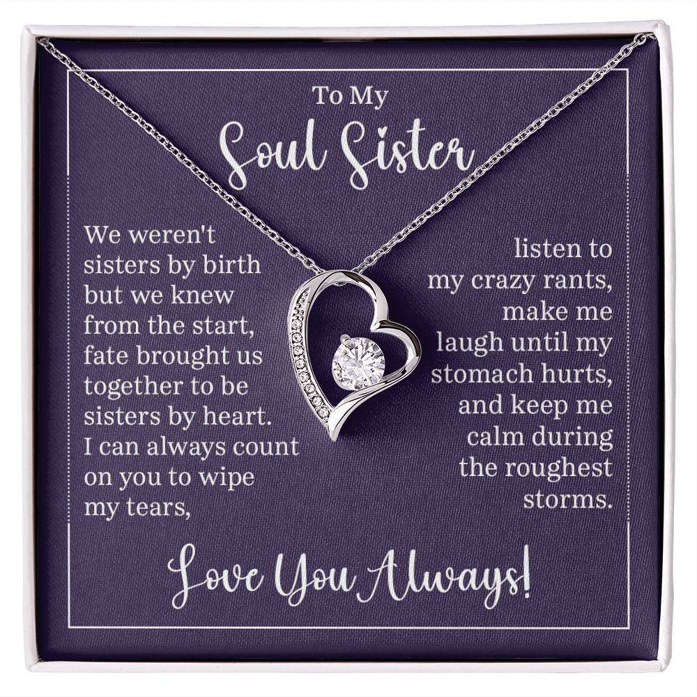 Forever Love Necklace for Soul Sister with heart pendant and CZ crystal, gift box packaging.