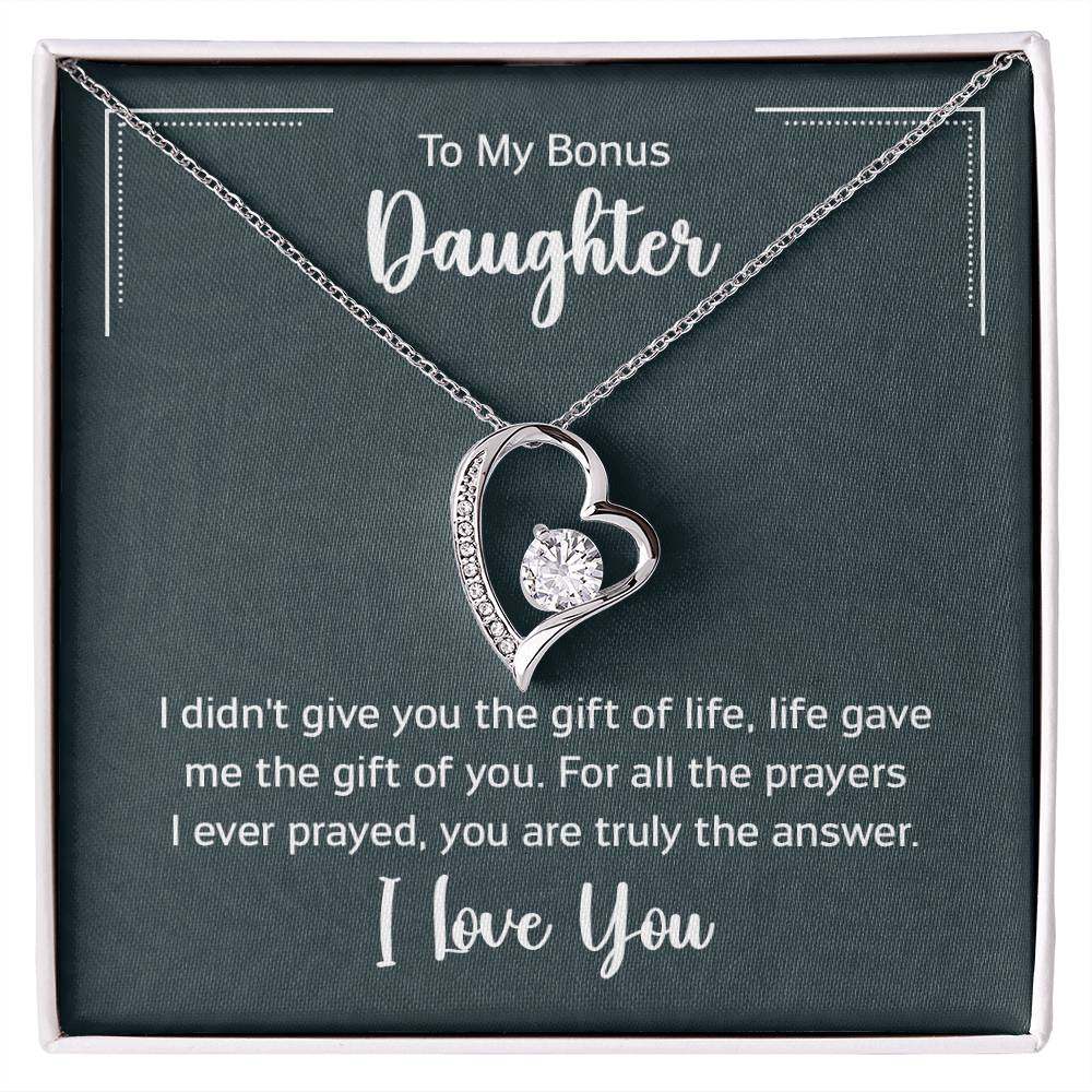 Forever Love Necklace with heart-shaped pendant and cubic zirconia stone for bonus daughter.