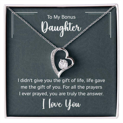 Forever Love Necklace with heart-shaped pendant and cubic zirconia stone for bonus daughter.