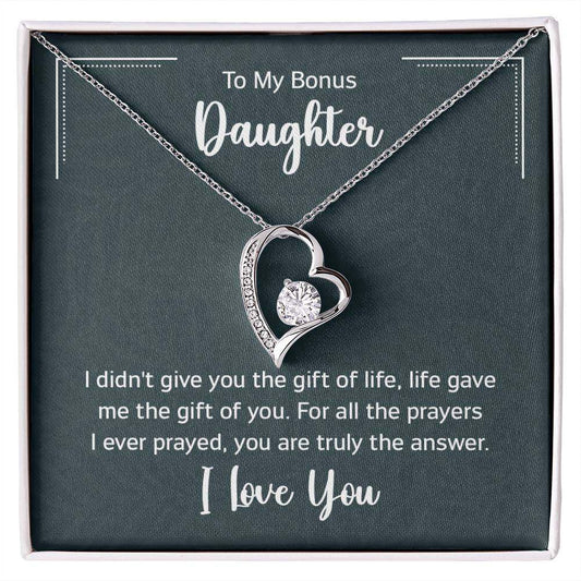 Forever Love Necklace with heart-shaped pendant and cubic zirconia stone for bonus daughter.