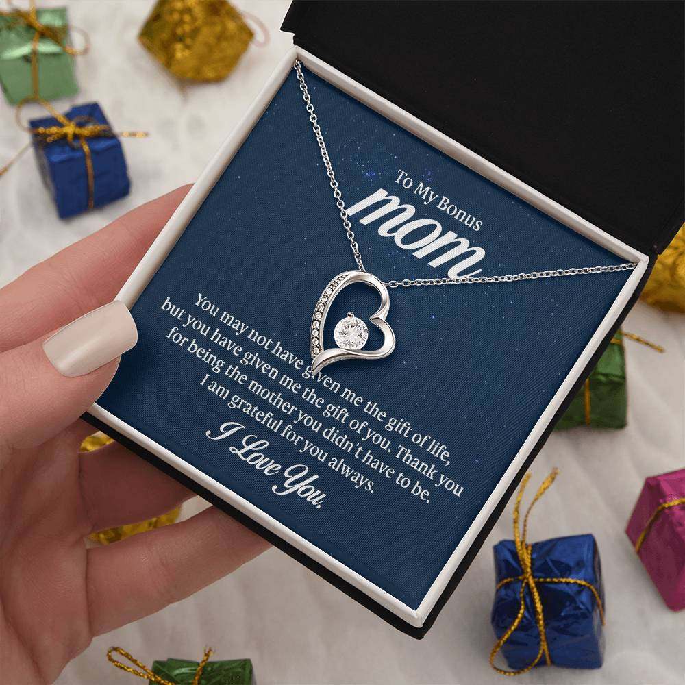 Forever Love Necklace for Bonus Mom in gift box, heart pendant with CZ crystal.