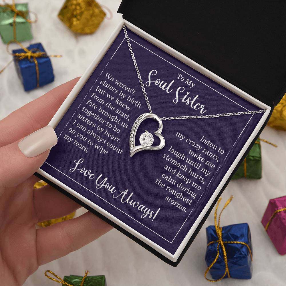 Forever Love Necklace for Soul Sister with CZ crystal and heart pendant, available in white or yellow gold, in gift box.