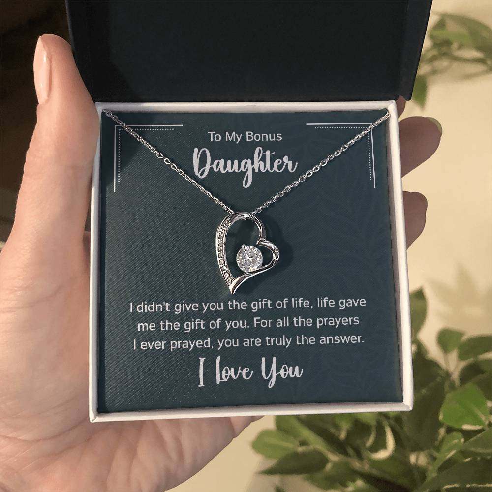 Forever Love Necklace for Bonus Daughter with heart pendant and cubic zirconia crystal.