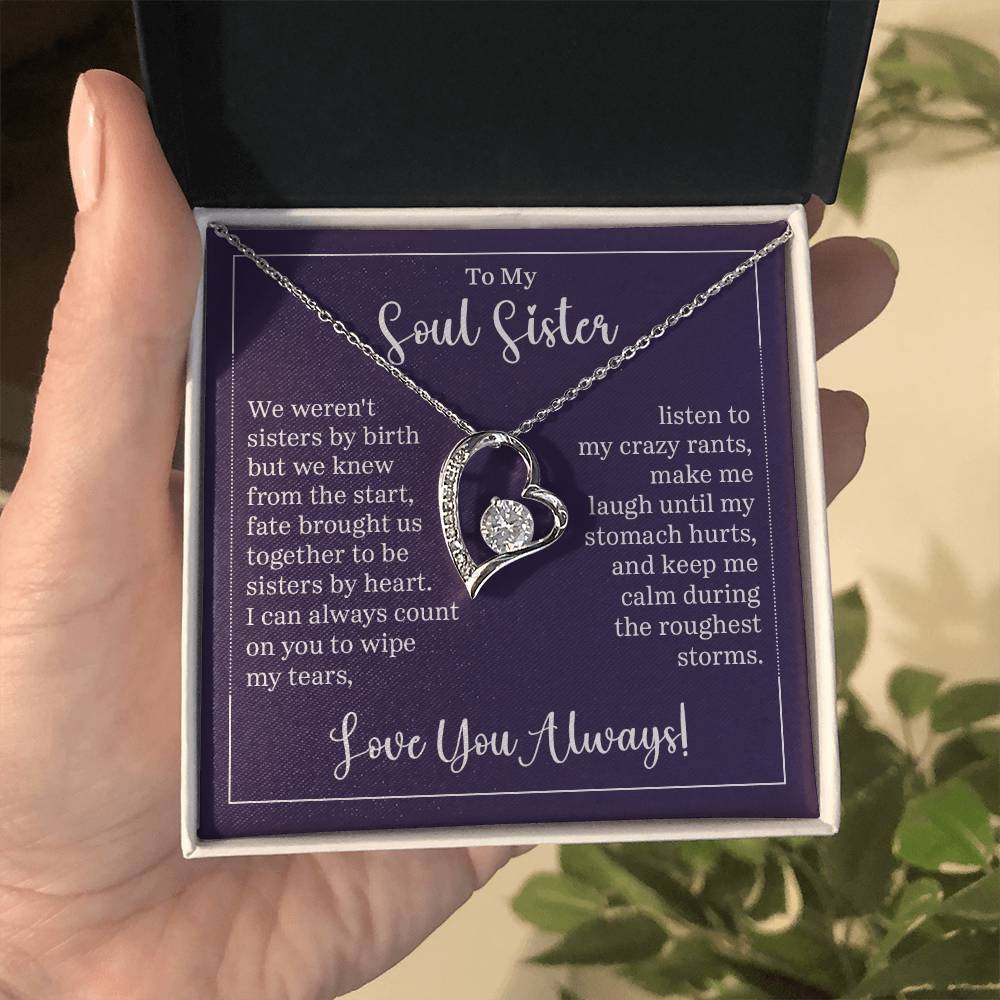 Forever Love Necklace for Soul Sister with heart pendant and CZ crystal in gift box.
