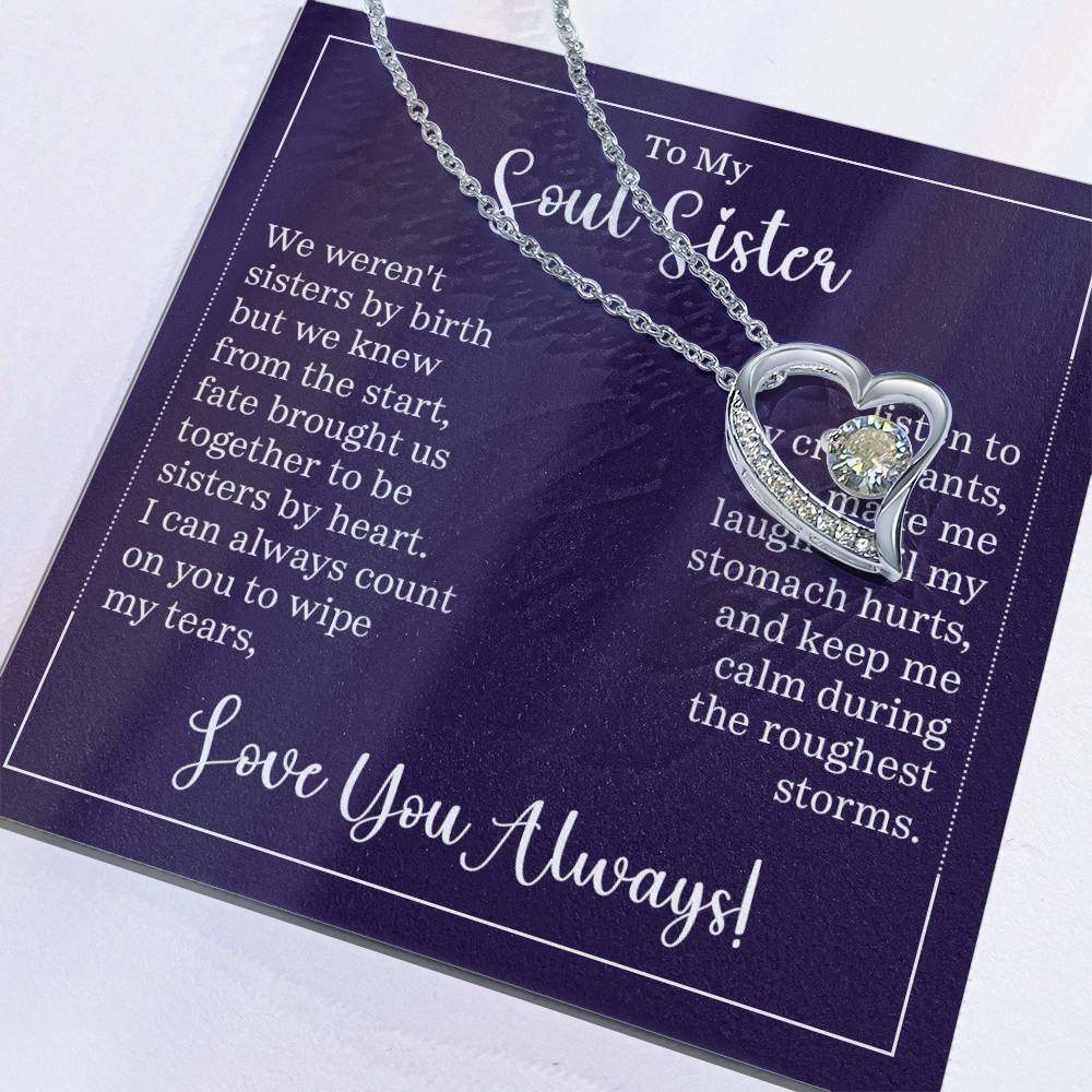 Heart-shaped "Forever Love" necklace with CZ crystal for a soul sister gift.