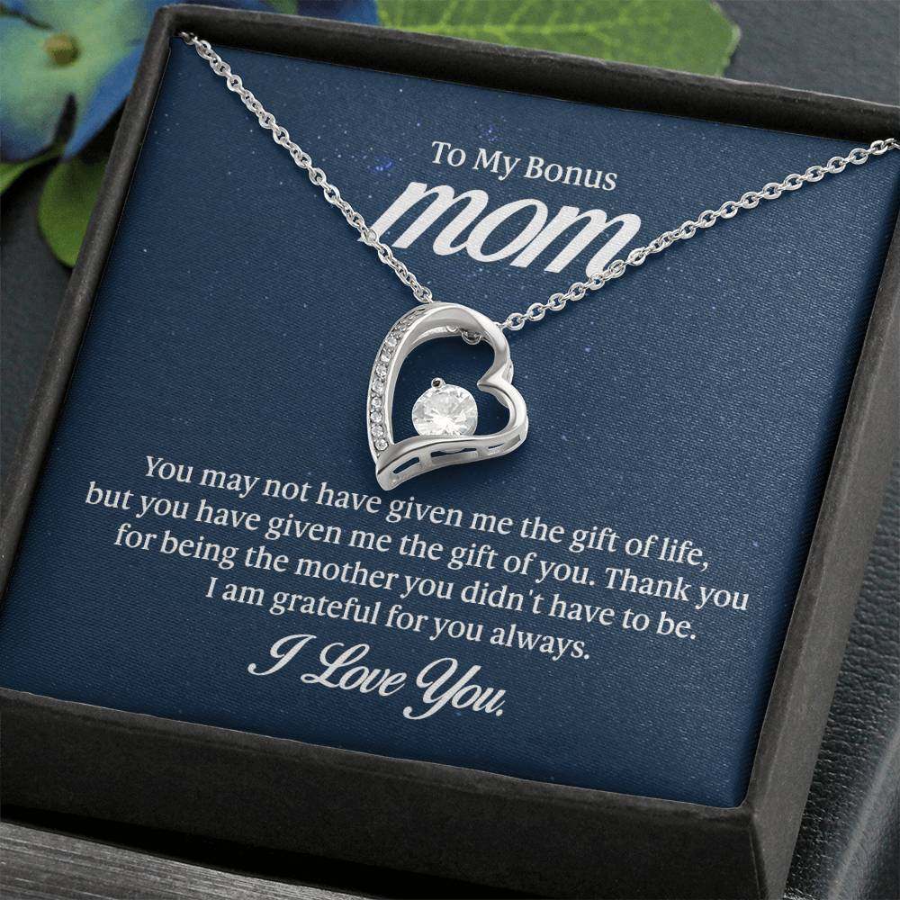 Forever Love Necklace for Bonus Mom with CZ crystal and heart pendant in gift box.