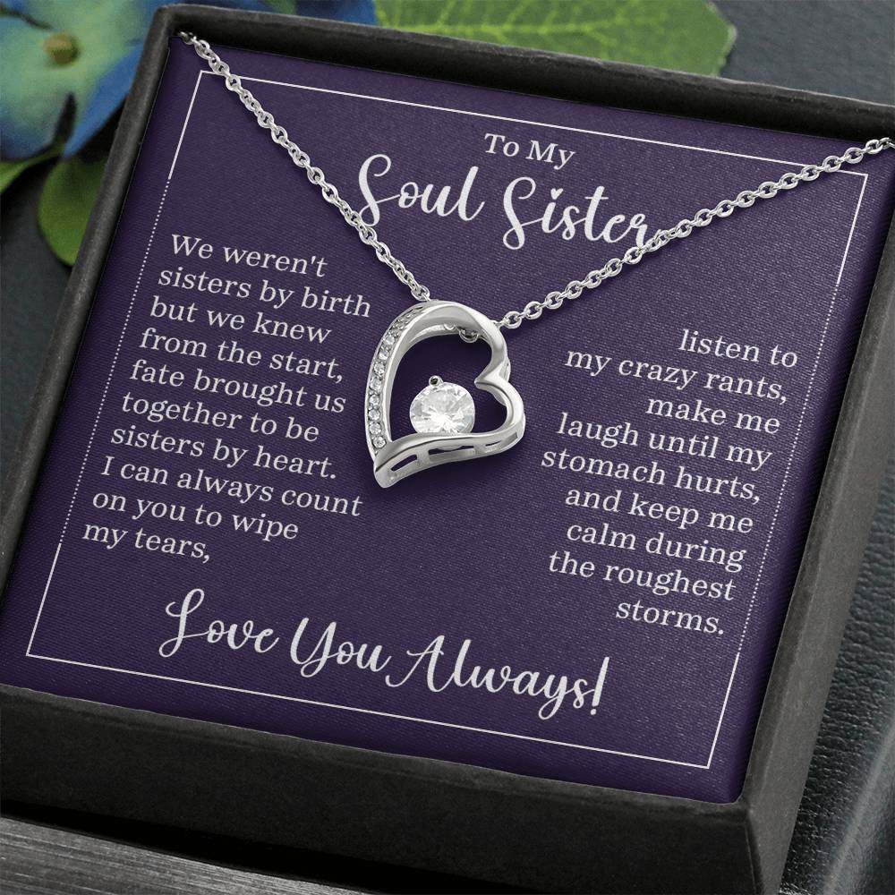 Forever Love Necklace for Soul Sister with heart pendant and CZ crystal in gift box.