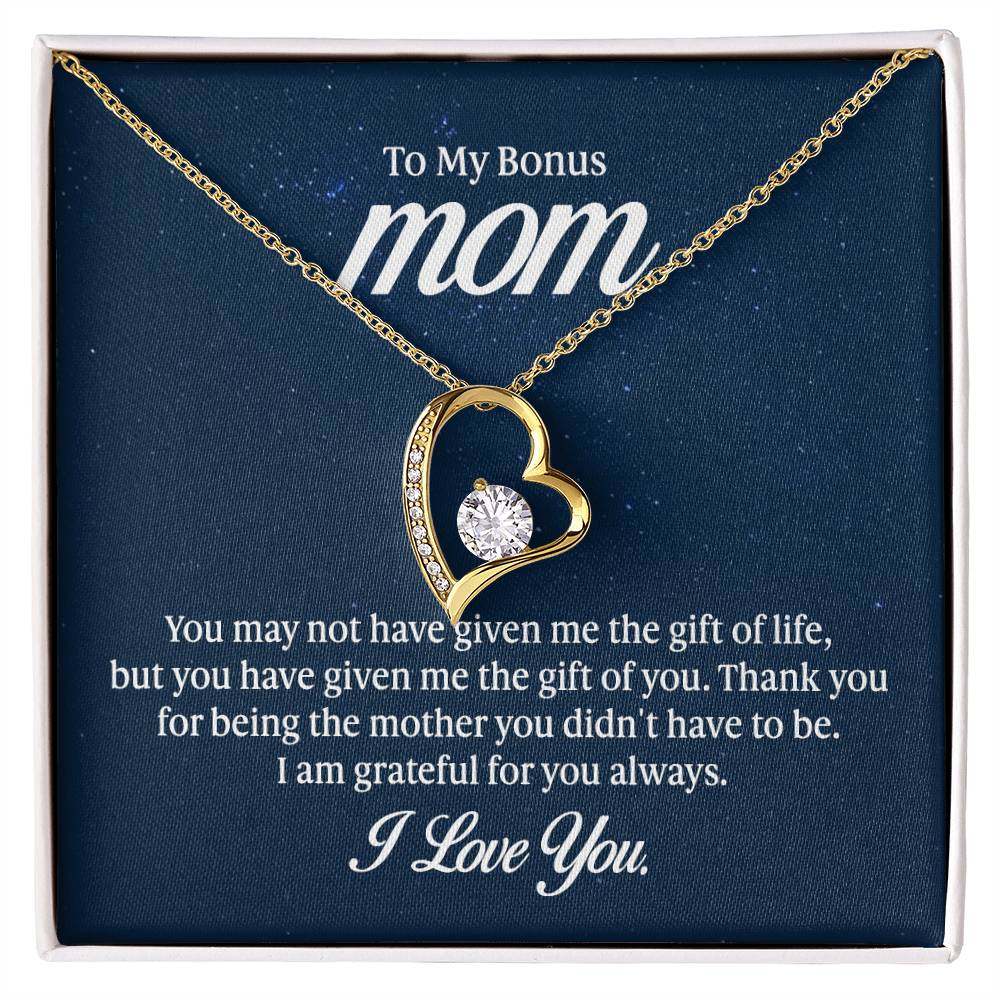 Forever Love Necklace with heart pendant and CZ crystal for Bonus Mom, gold finish.