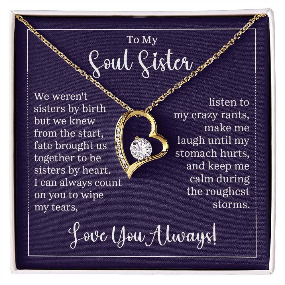 Forever Love Necklace for Soul Sister with heart-shaped pendant and CZ crystal, gold finish, sentiment card included.