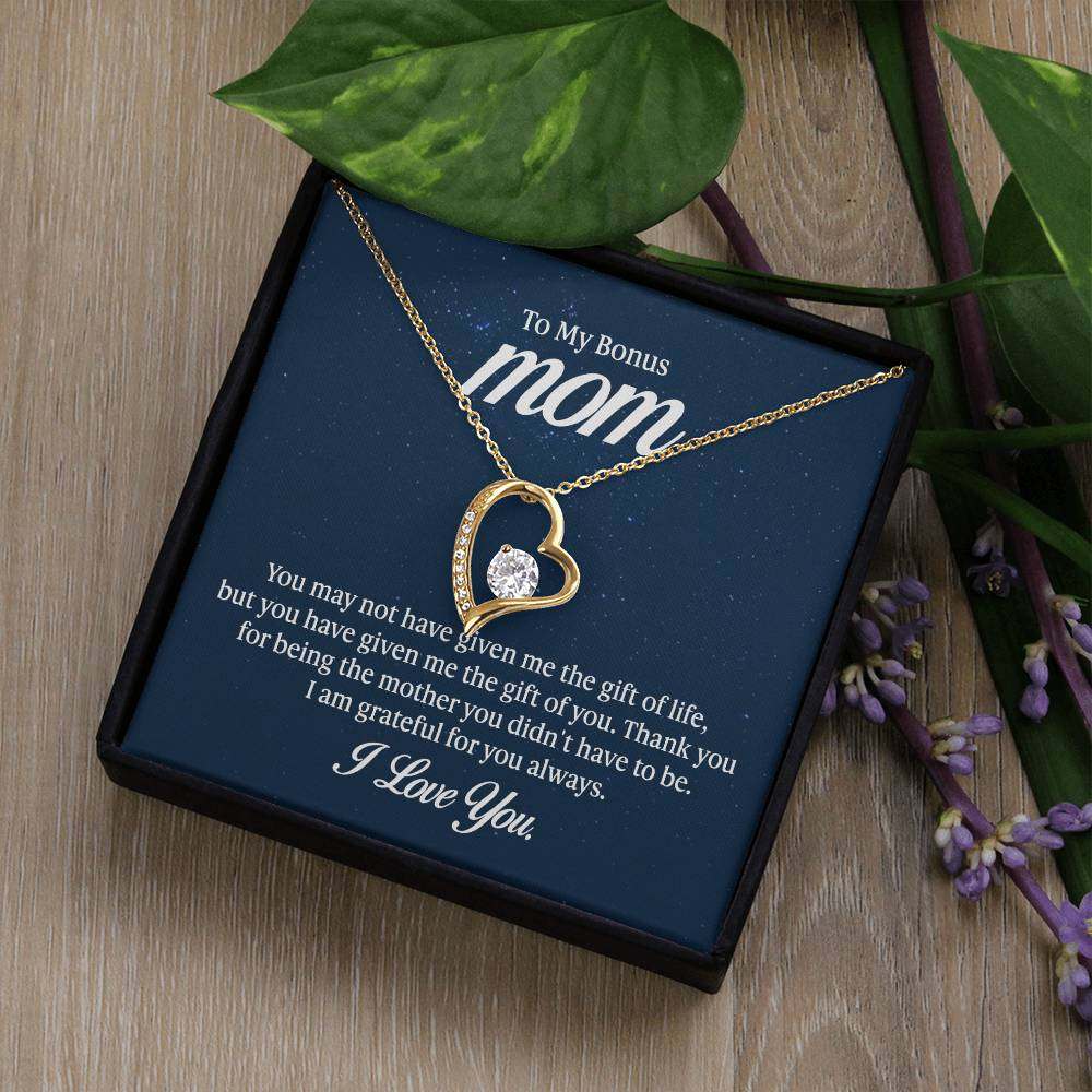 Forever Love Necklace for Bonus Mom in gift box with heart pendant and CZ crystal.