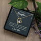 Forever Love Necklace for Bonus Daughter in gift box with heartfelt message, featuring a heart pendant with 6.5mm CZ crystal, available in white or yellow gold finish.
