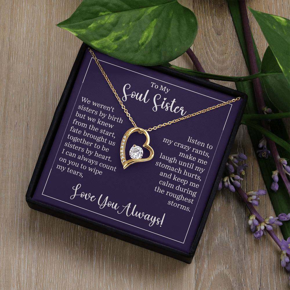 Forever Love Necklace for Soul Sister in gift box with heartfelt message, featuring heart pendant and CZ crystal, with gold finish.