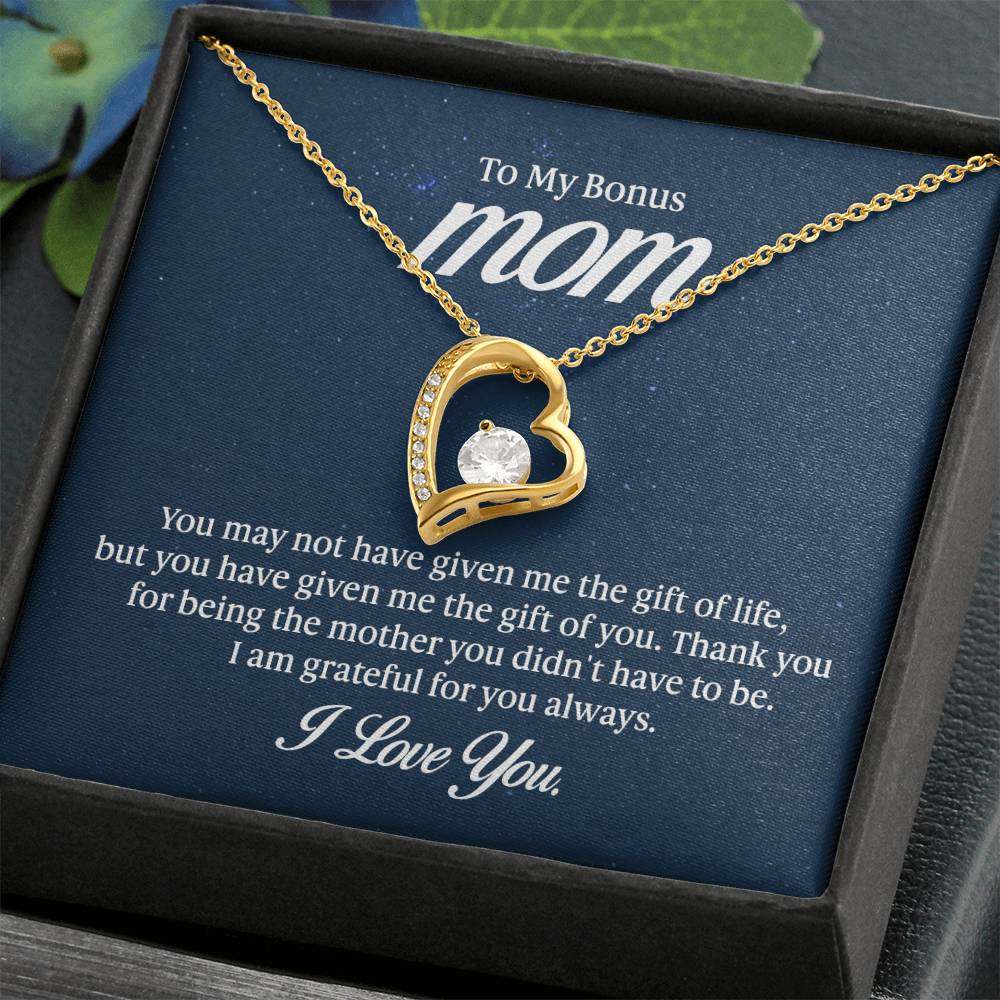 Forever Love Necklace for Bonus Mom with CZ Crystal and Gold Finish, Gift Box Included.