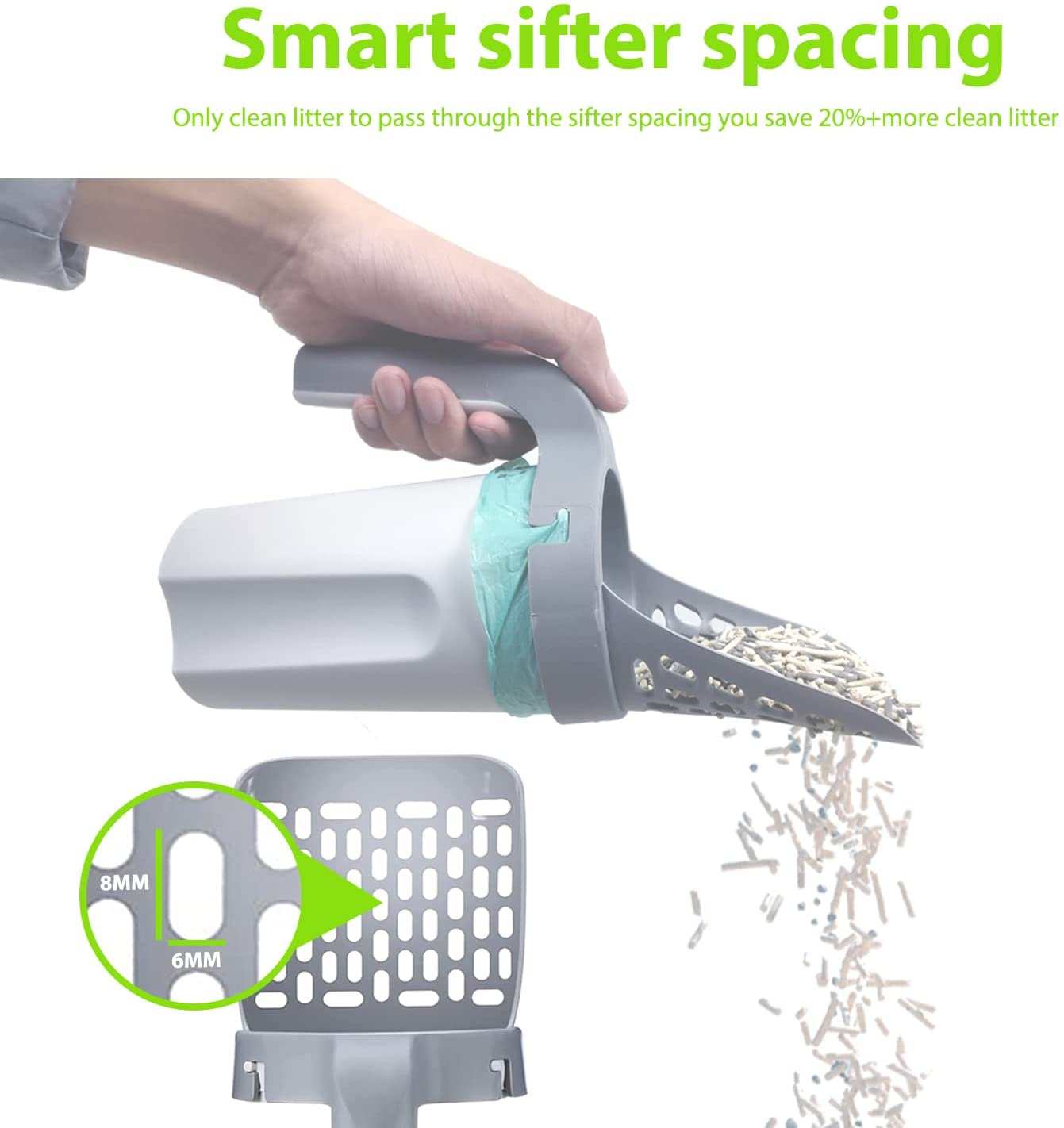 Durable cat litter shovel with smart sifter spacing and comfortable handle for easy cleaning.