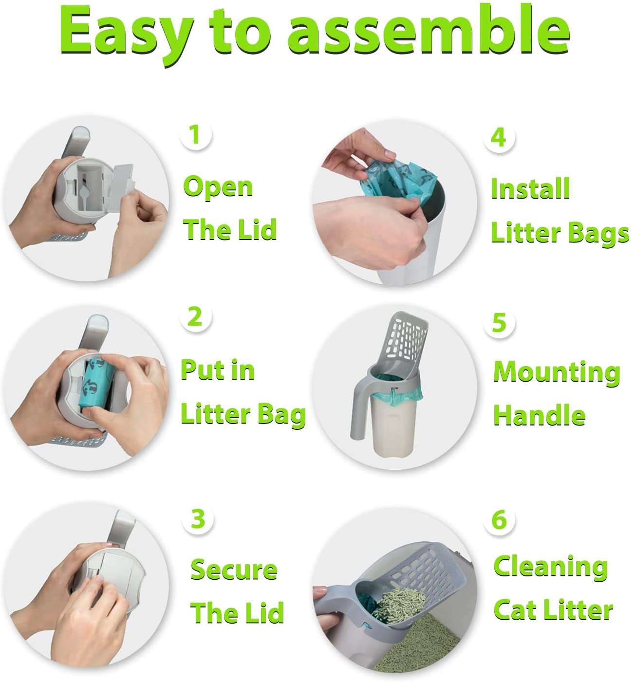 Easy assembly of cat litter shovel with six steps: open lid, insert litter bag, secure lid, install litter bags, mount handle, clean cat litter.