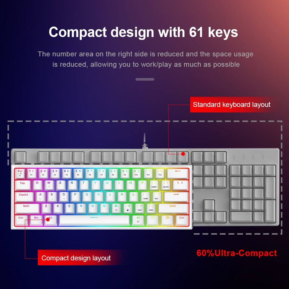 Compact design with 61 keys, 60% ultra-compact layout keyboard with RGB backlighting, comparison with standard layout.