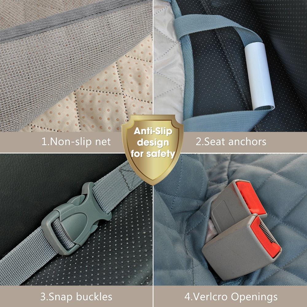 Dog car seat cover features anti-slip design, seat anchors, snap buckles, and Velcro openings for safety and comfort.