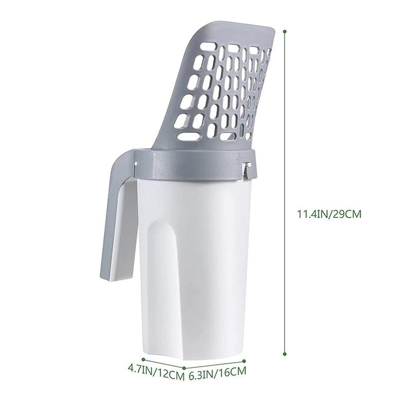 Cat Litter Shovel with self-cleaning design and comfortable grip, made from durable plastic, in white and gray.