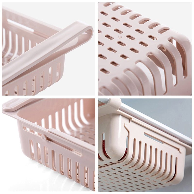 Adjustable Shelf Kitchen Organizer with durable PP material and extendable design for efficient fridge space utilization.