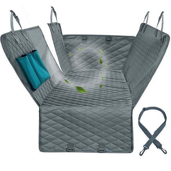 Dog Car Seat Cover with adjustable straps and seat belt, water-repellent and easy to clean, available in black and gray.