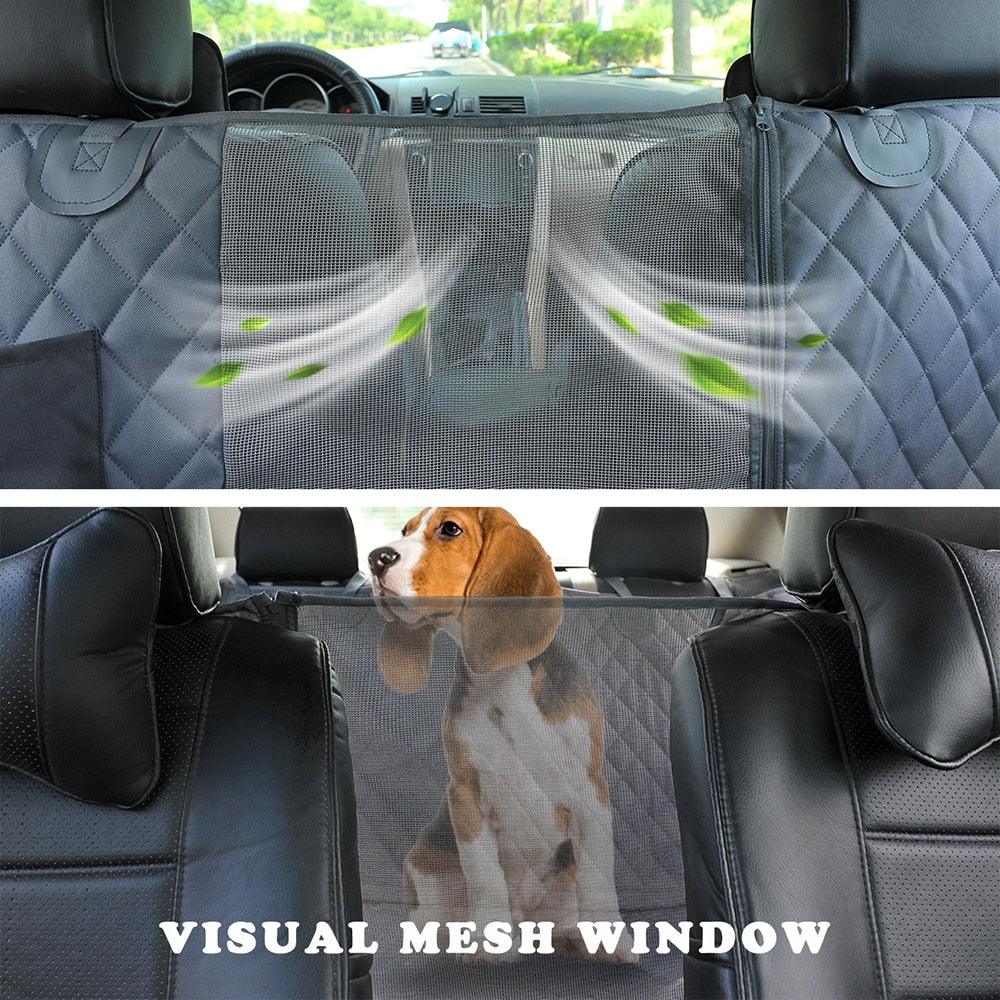 Dog car seat cover with visual mesh window, heavy-duty material, water-repellent, and adjustable straps for secure travel.