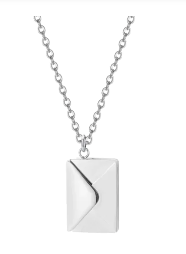 Sterling silver envelope necklace with customizable pendant for personal messages.