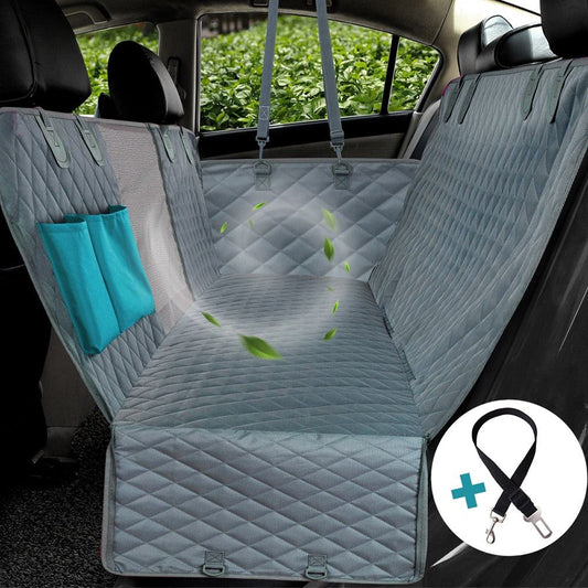 Dog car seat cover for pet travel protection and comfort, water-repellent, in light gray with included seat belt and door straps.